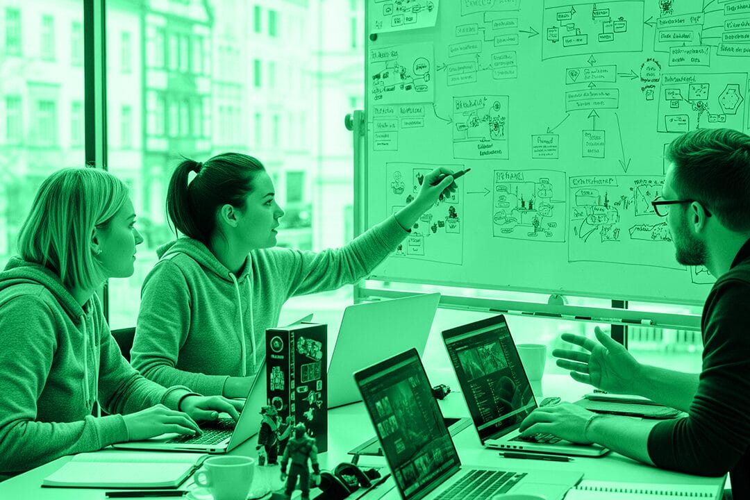 Team in deutschem Game-Studio entwickelt neue Spielideen mit Gamification-Strategien.