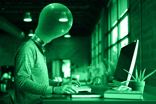 Creative Workspace Gamification - Person mit Glühbirne als Kopf